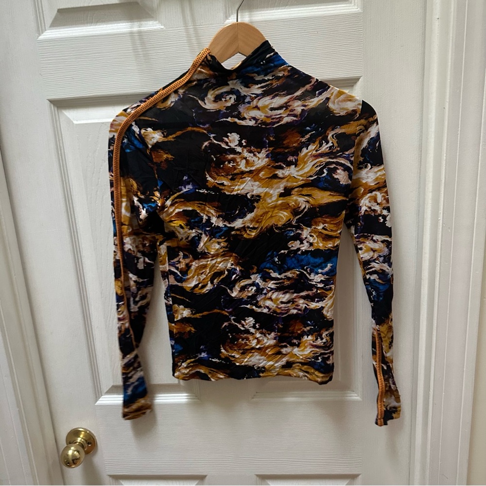 Kenzo Floral mock neck Long Sleeve Top viscose sheer orange black blue s small - Picture 7 of 7
